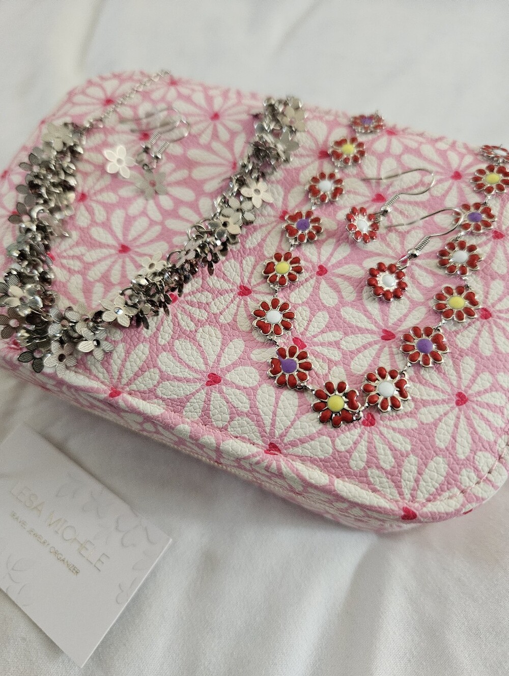 NWT Lesa Michele Pink Floral Travel Jewelry Organizer + 2 Jewelry Sets Gift Set